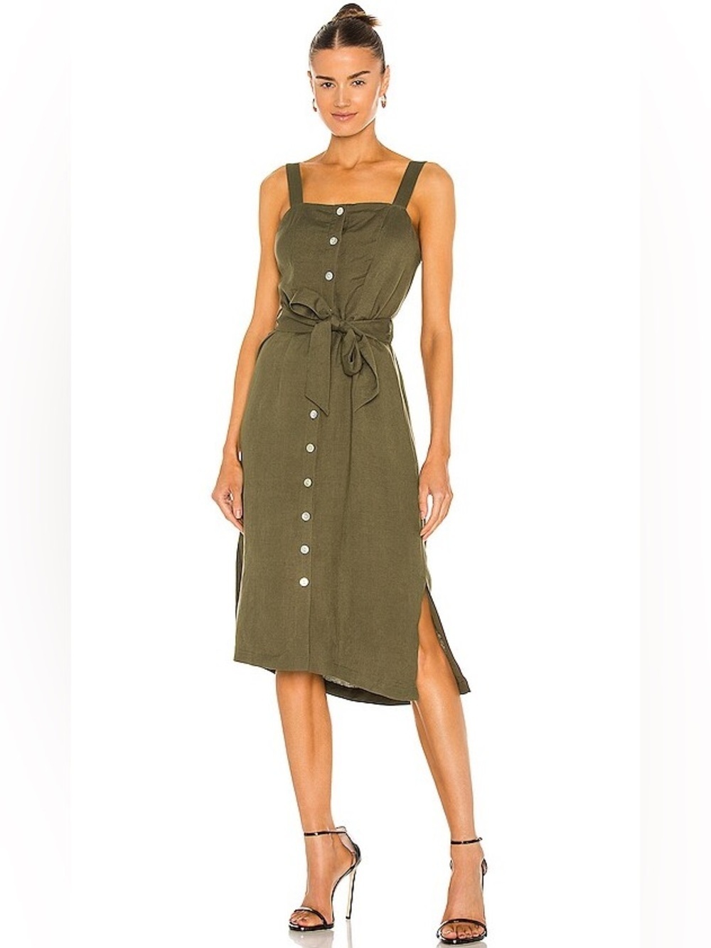 Rails Linen Blend Midi Dress Army Green Button Front Tie Waist XS